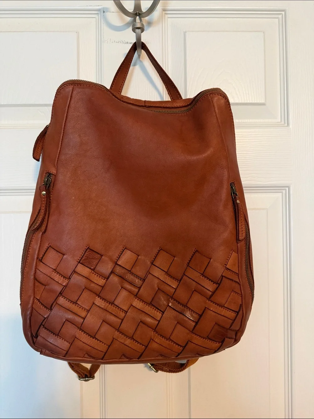 Women's Woven Leather Backpack - Brown